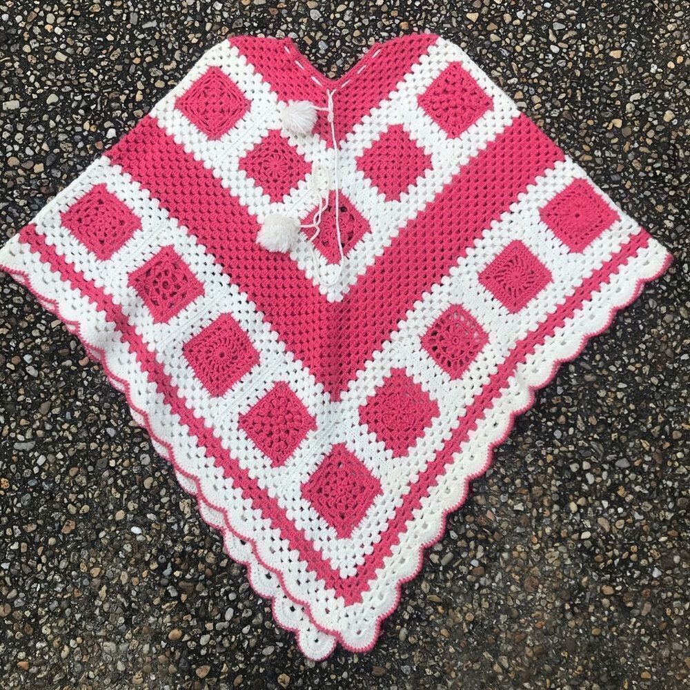 Vintage hand made pink granny square poncho